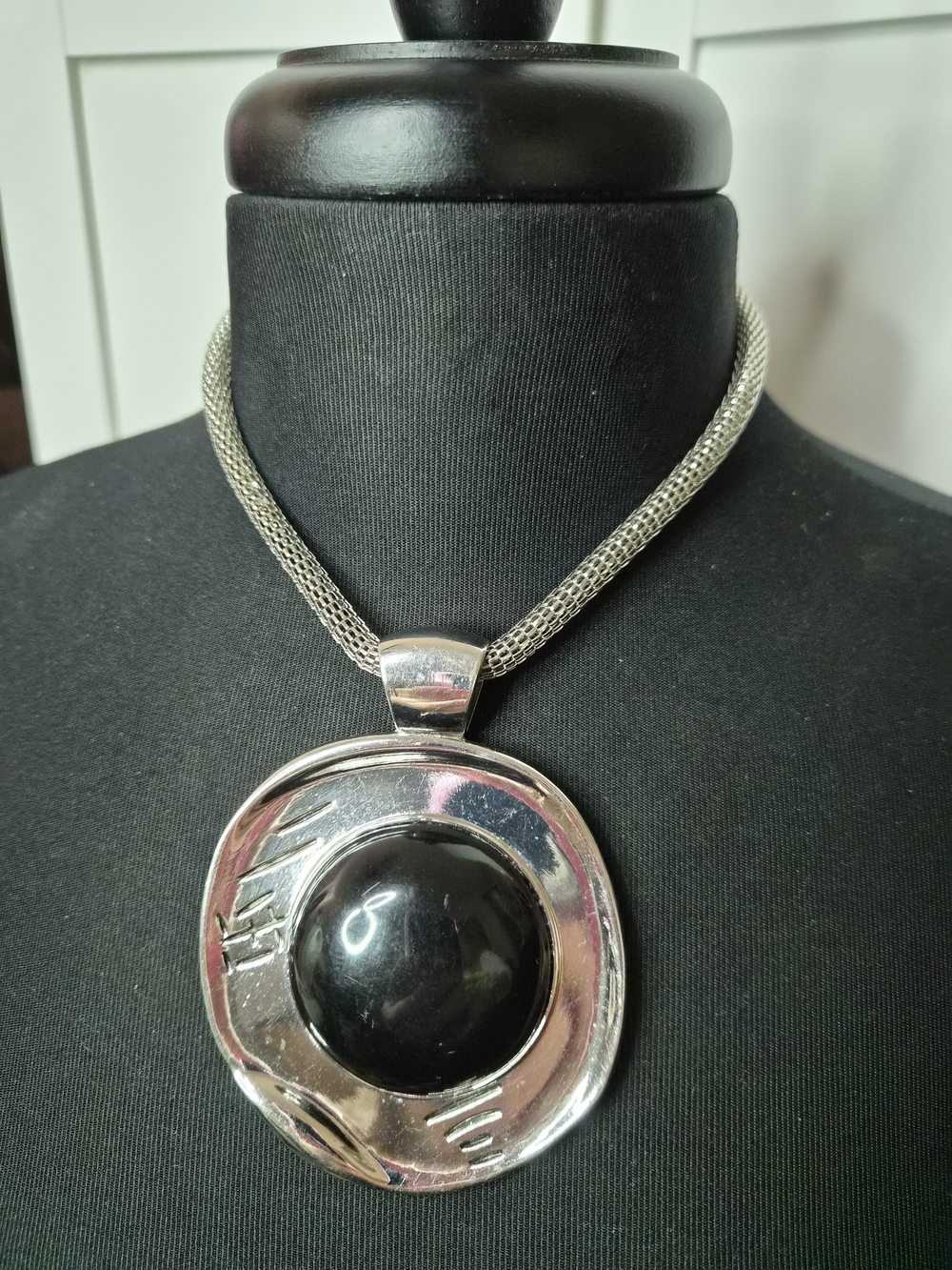 Black Center Silver-Tone Statement Pendant Necklace - Women Jewelry